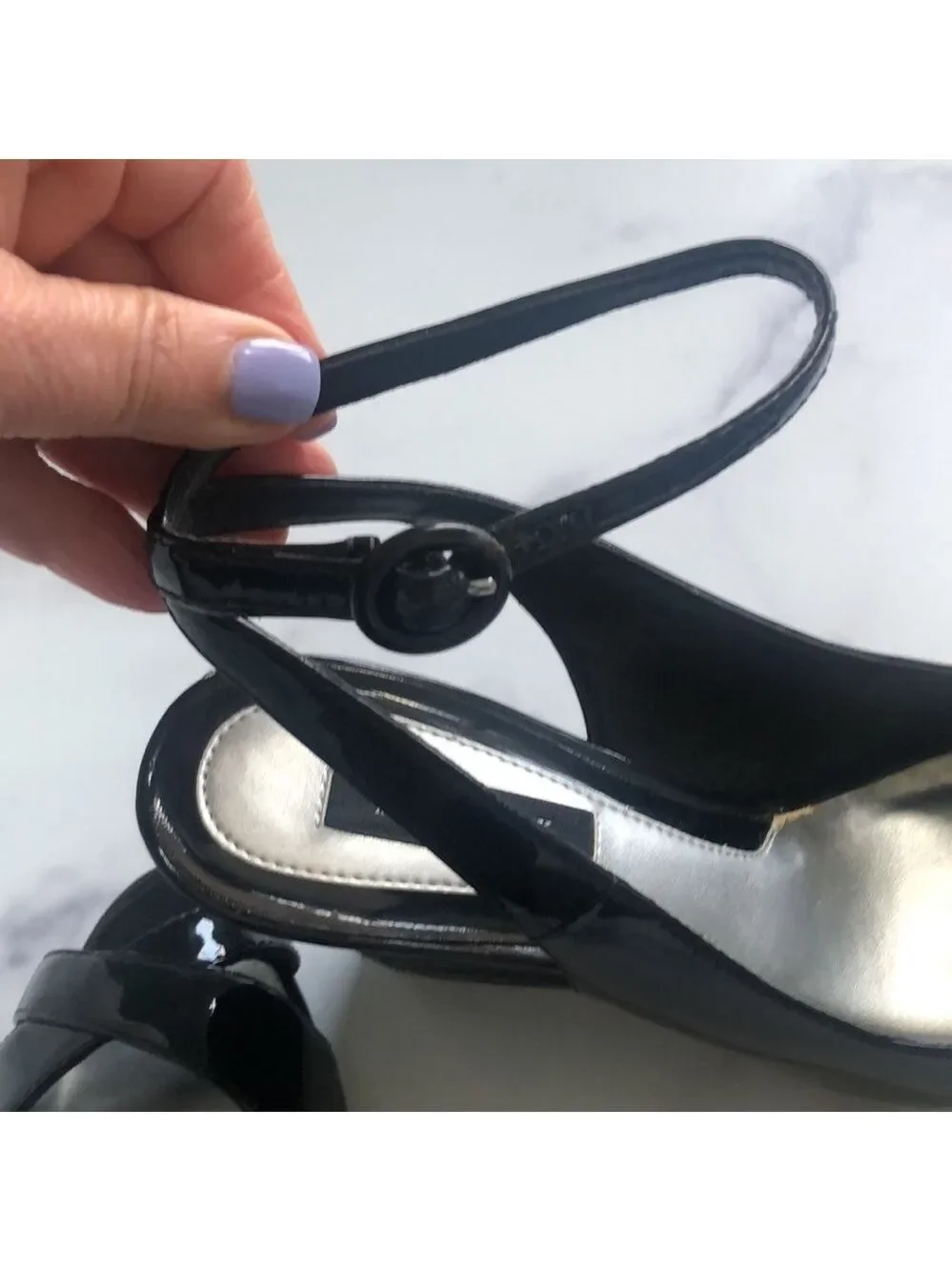 White House Black Market Wedge Karen Black Patent Leather Sandals Size 6.5m